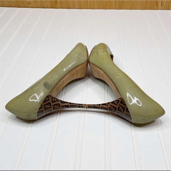 Fendi Green Patent Leather Zucca Print Heel Peep Toe Pumps - Picture 7 of 12